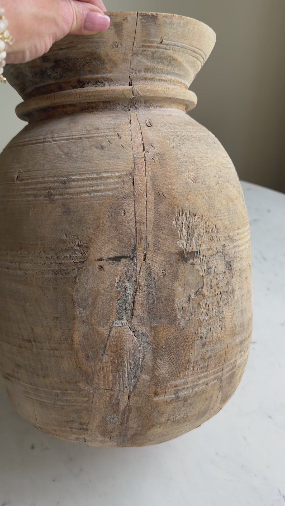 Nepali Water Pot Vase - Bleached Wood | XL Handmade Rustic Vessel