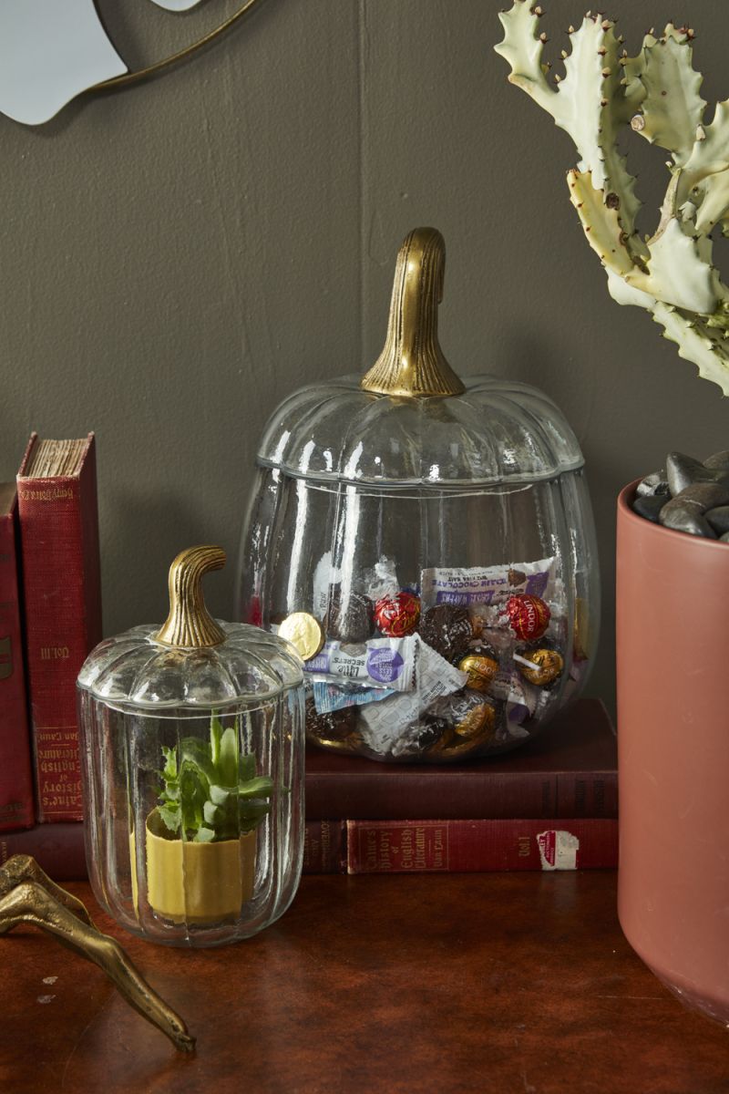 TRANSLUCENT PUMPKIN TERRARIUM from Evolution Home Decor is perfect for storing your holiday treats or to hold a candle to light the room with cool shadows.