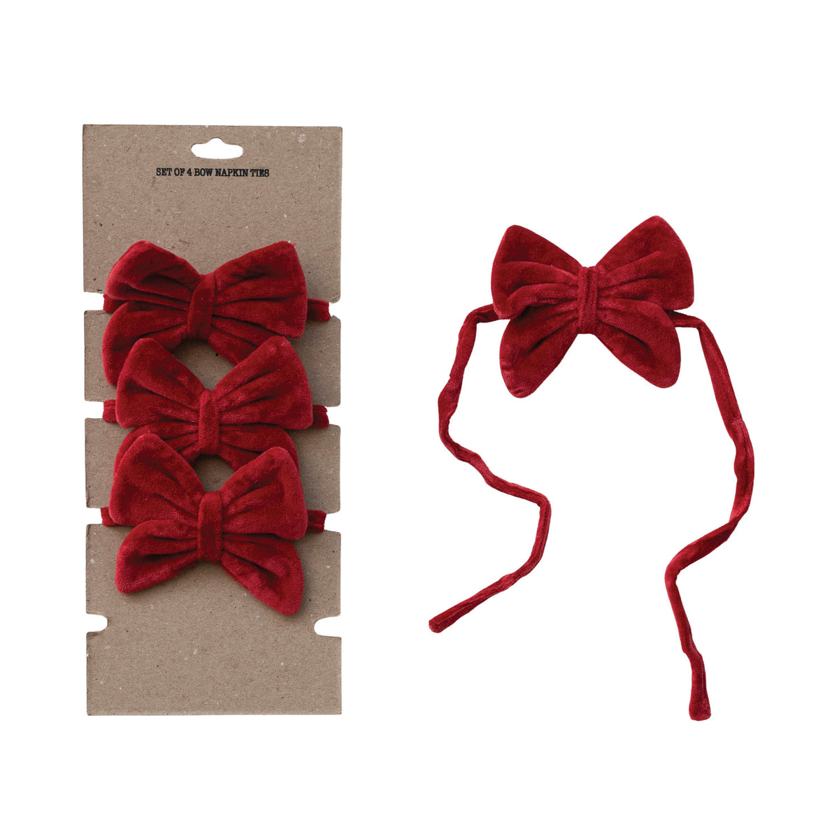 Red Cotton Velvet Bow Napkin Ties - Set of 4
