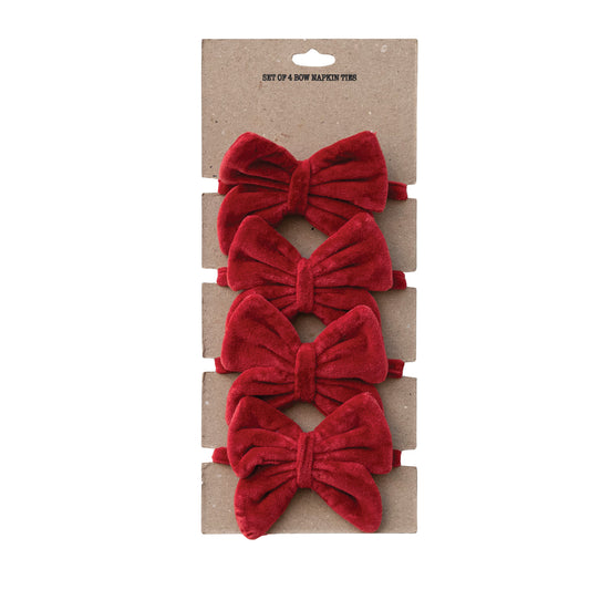 Red Cotton Velvet Bow Napkin Ties - Set of 4