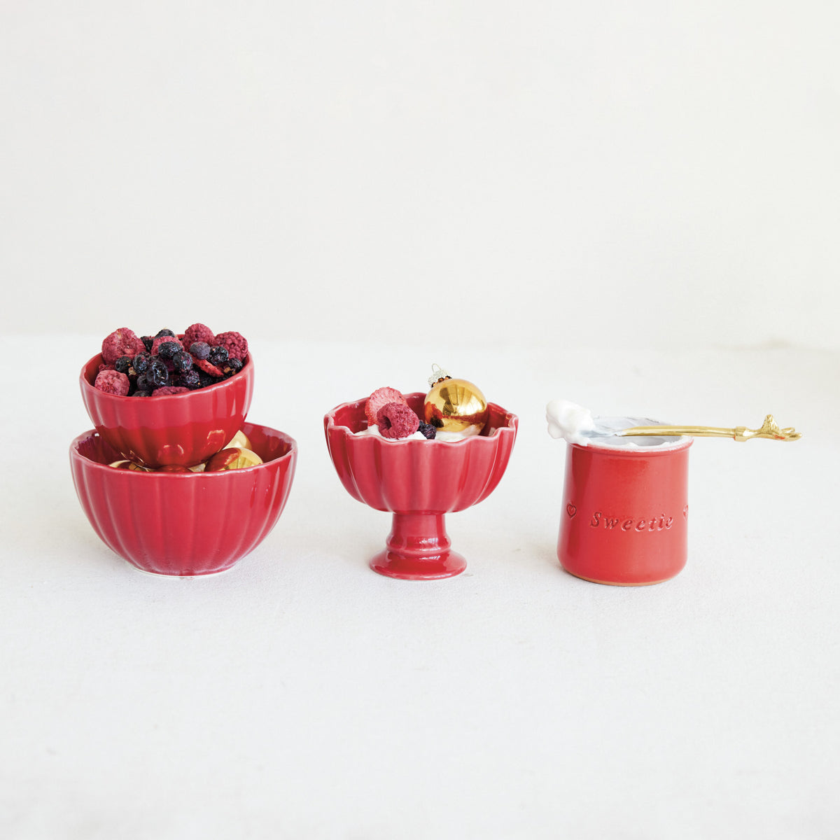 Red Footed Scalloped Stoneware Bowl - Pedestal Table Accent