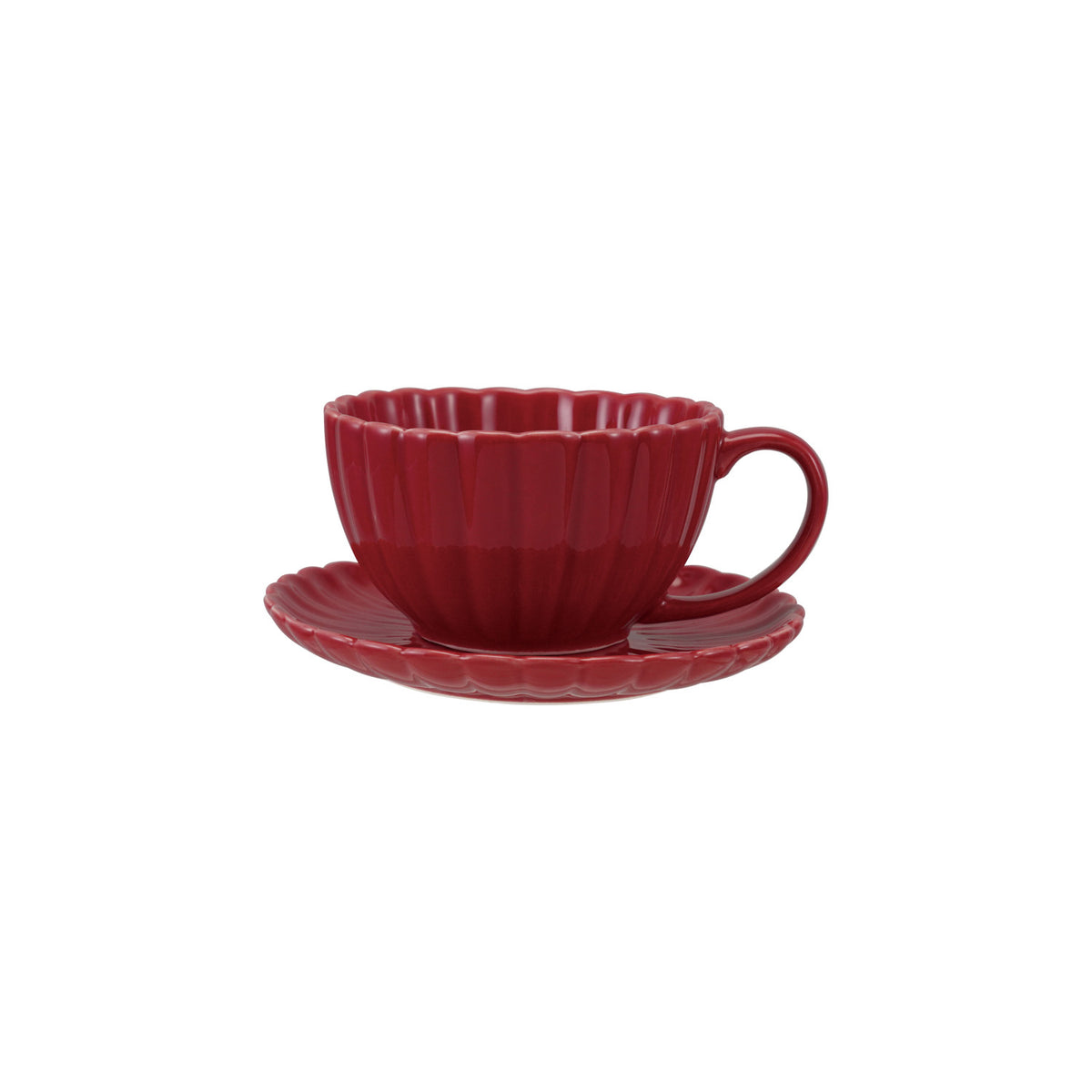 Red Ribbed Stoneware Mug & Saucer - 10 oz. | 2-Piece Set