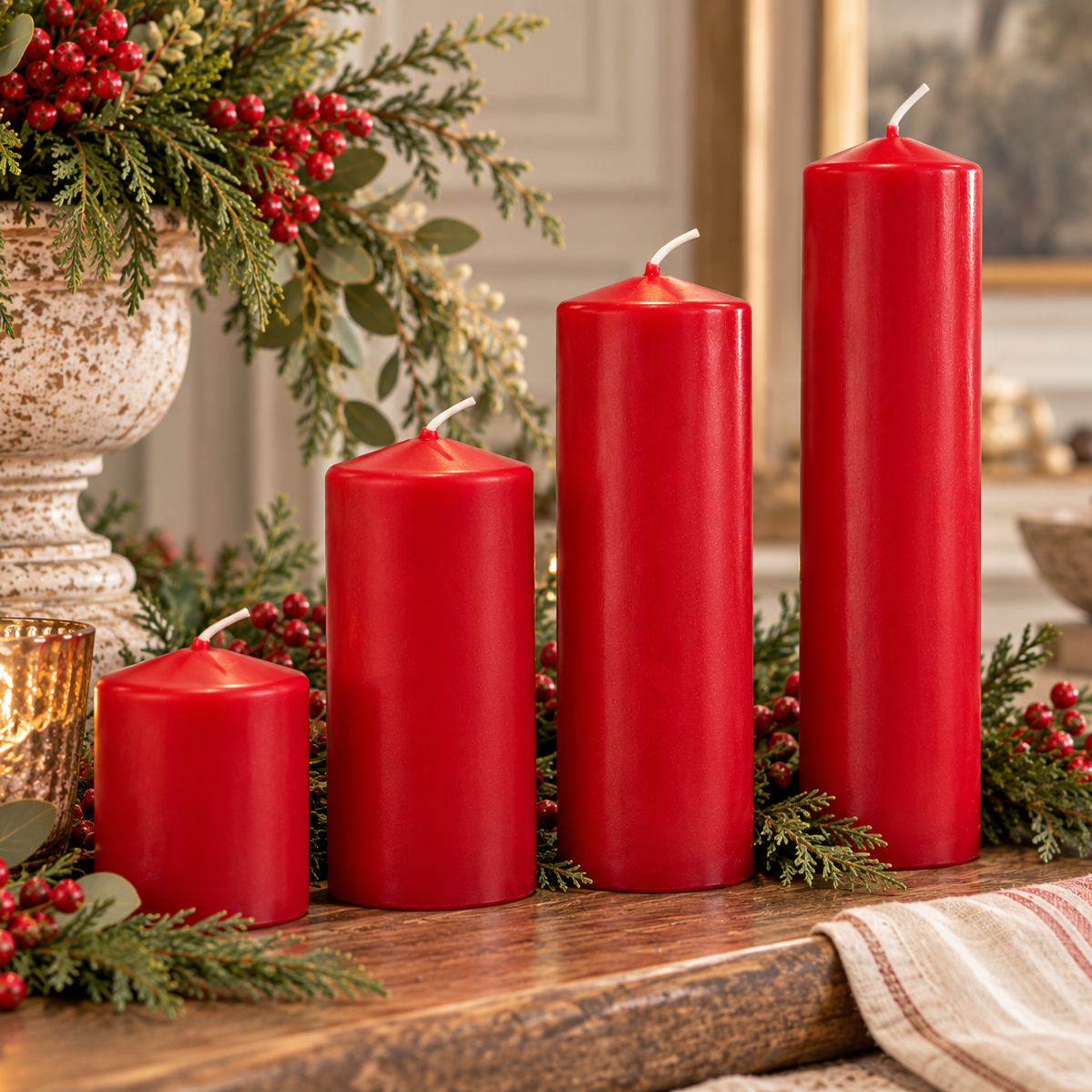 Ruby Red Unscented Pillar Candles - Set of 3 | 4 Size Options