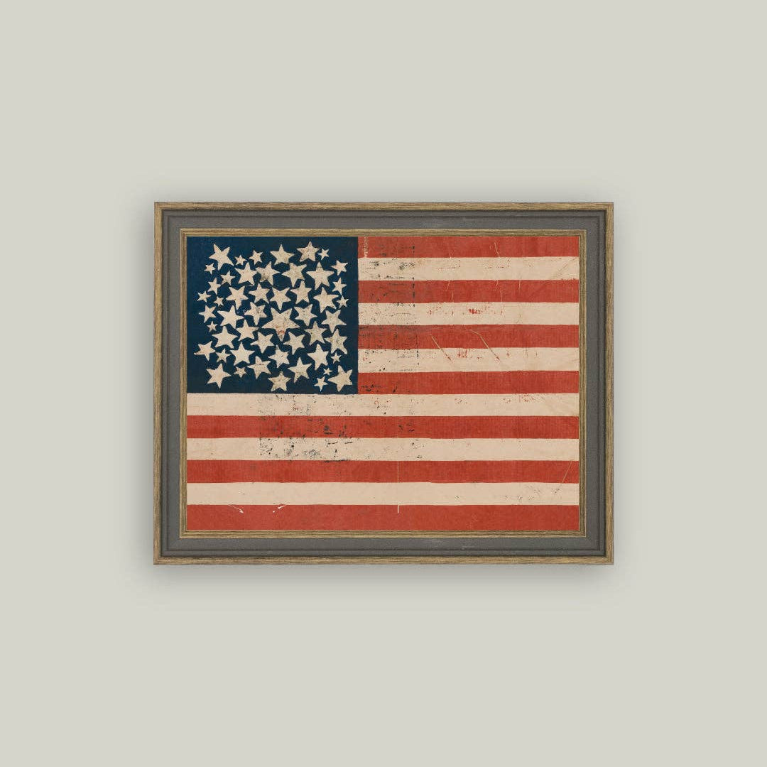 Framed American flag on a plain wall