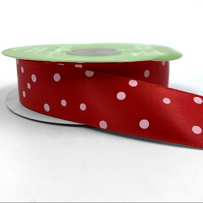 Satin Ribbon - Red with Pink Polka Dots | 1" Width | 25 Yard Roll