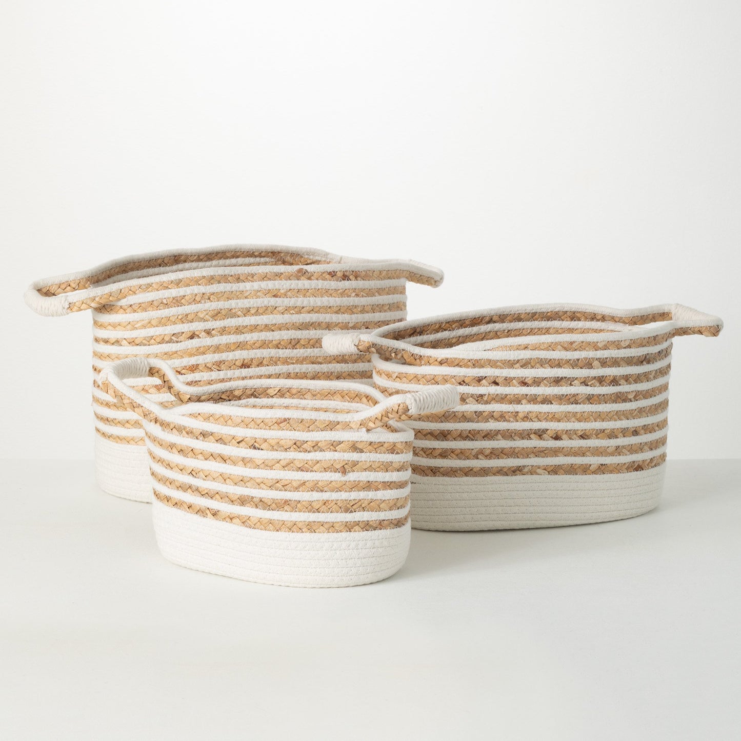 White & Beige Rope Storage Bags – Set of 3 Woven Baskets