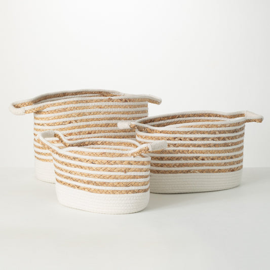 White & Beige Rope Storage Bags – Set of 3 Woven Baskets