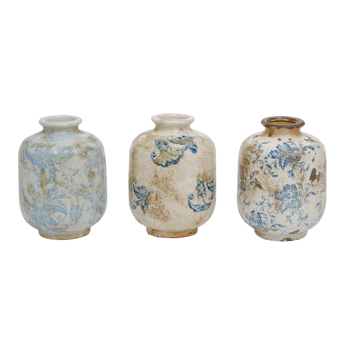 Set of Three Blue and White Vintage Terracotta Vase - Three Styles