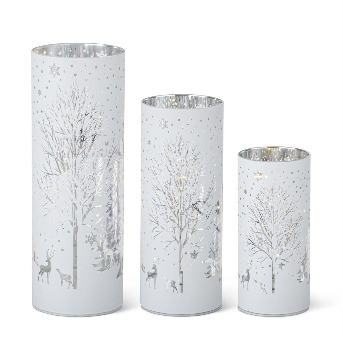 Set of 3 Laser Engraved LED Ornament Cylinders with Timers – Black or White, 6", 8" & 10"