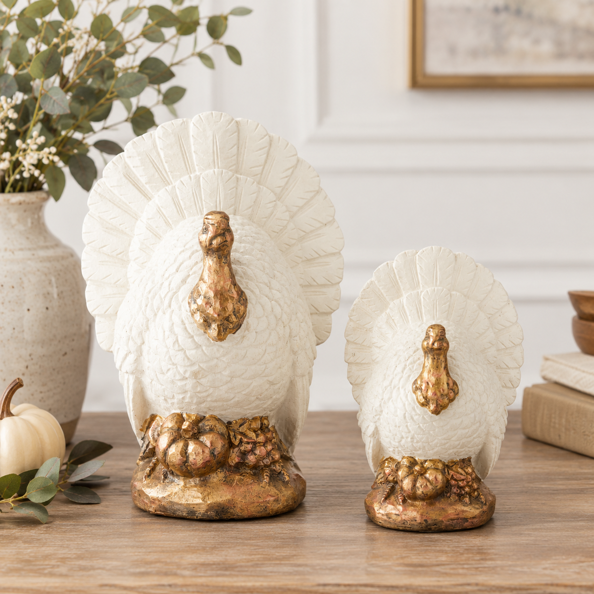 Set of Two Cream & Copper Resin Turkeys