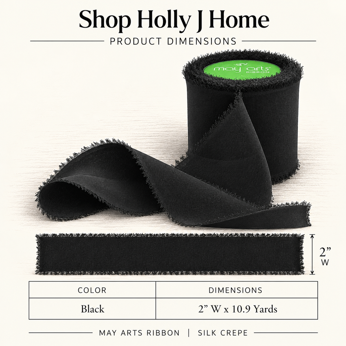 Silk Ribbon with Frayed Edge - Black | 2" Width | 10 Yard Roll