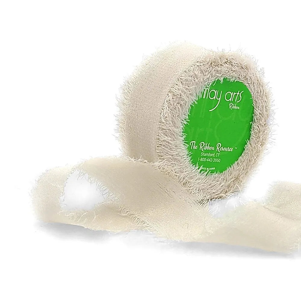 100% Silk Crepe Ribbon with Frayed Edge - Light Beige | 5/8" Width | 10.9 Yard Roll