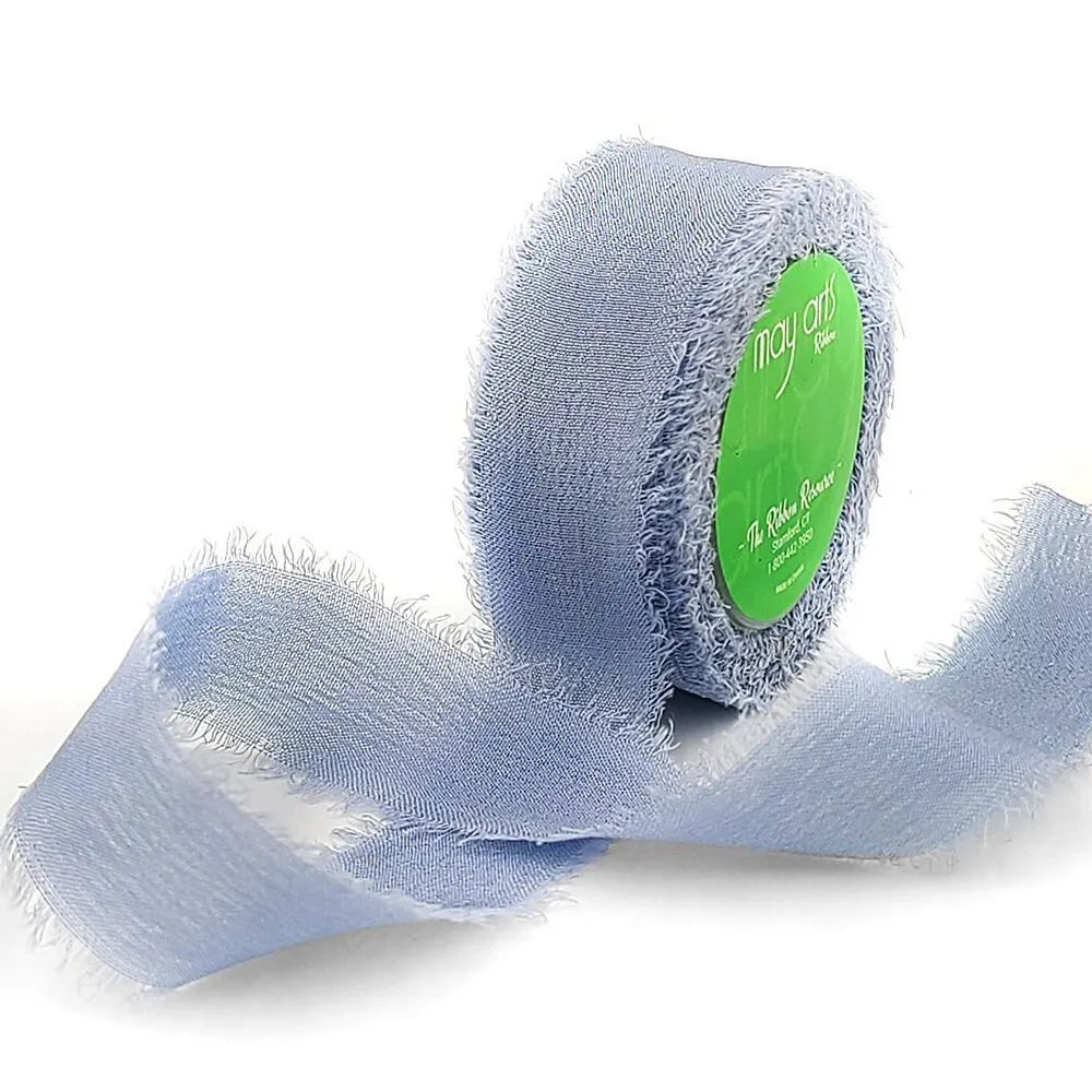100% Silk Crepe Ribbon with Frayed Edge - Slate Blue | 5/8" Width | 10.9 Yard Roll