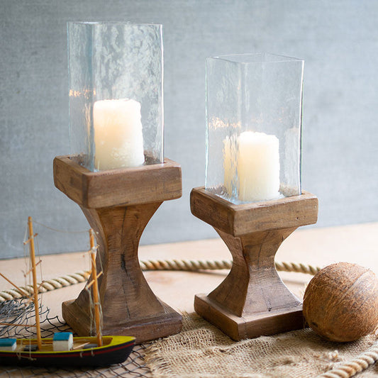 Square Hurricane Candle Holders with Recycled Wood Bases – Set of 2