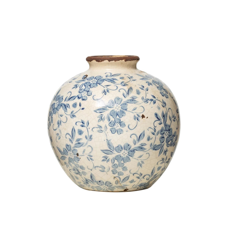 Terracotta Vase with Transferware Pattern - Antique Art Decorative Home Vessel