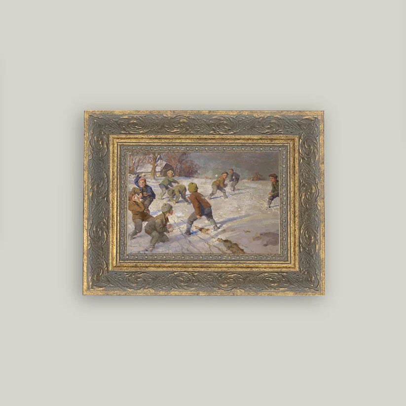 The Snowball Fight Framed Vintage Art - Gold Frame