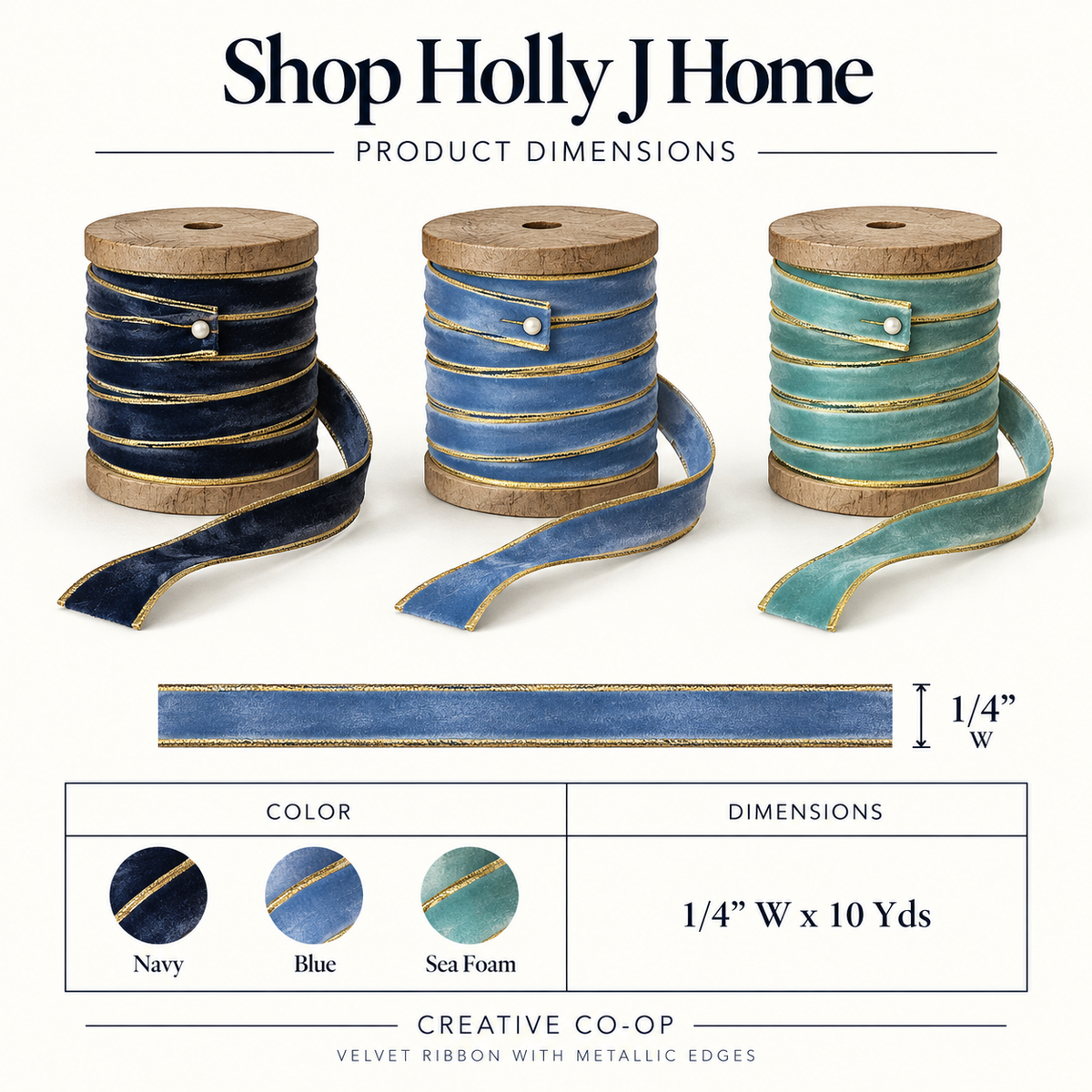Velvet Ribbon with Metallic Edge - Blue Tones | 1/4" Width | 10 Yards on Wood Spool