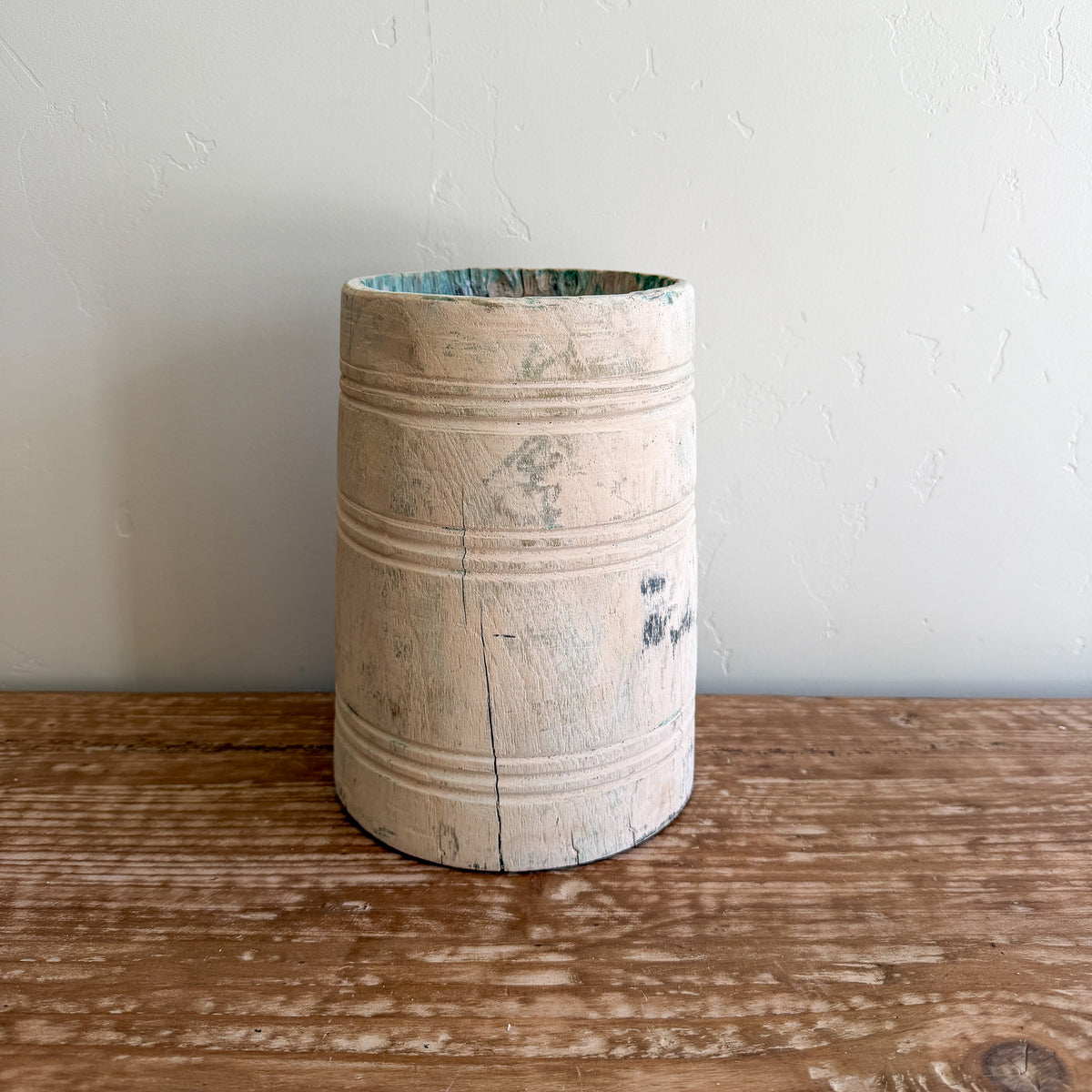 Vintage Bleached Wooden Pot | Handmade Rustic Decorative Vessel
