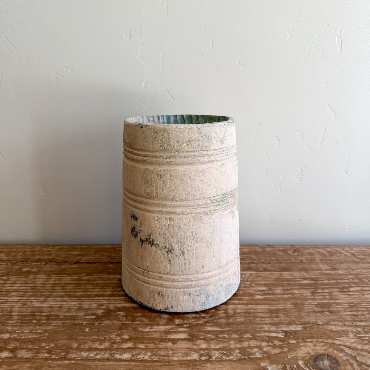 Vintage Bleached Wooden Pot | Handmade Rustic Decorative Vessel