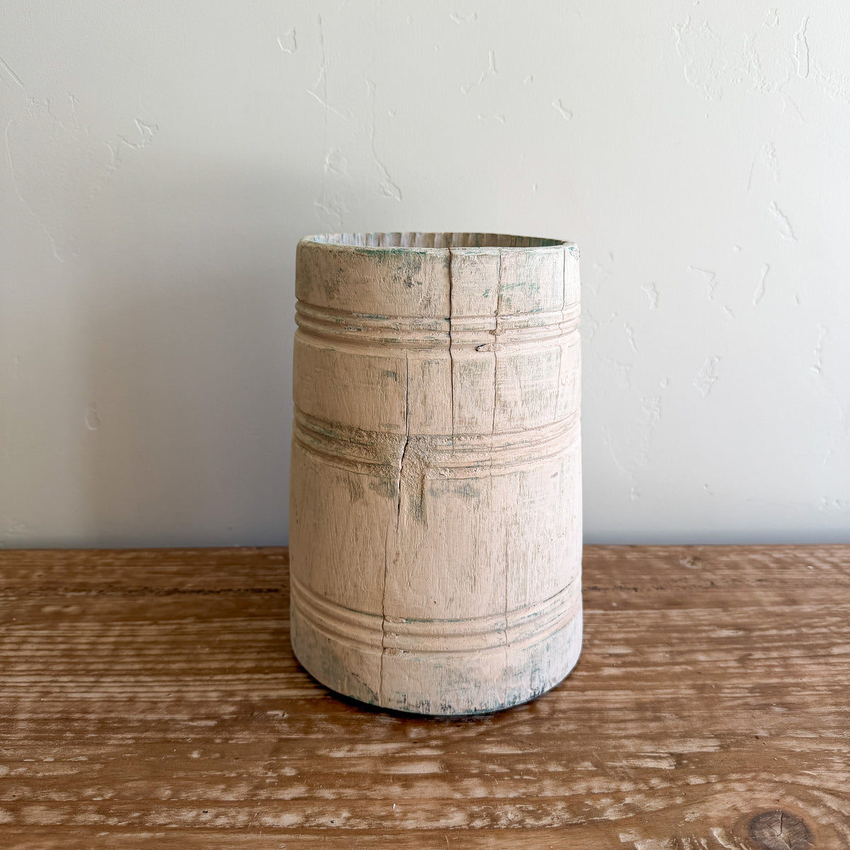 Vintage Bleached Wooden Pot | Handmade Rustic Decorative Vessel