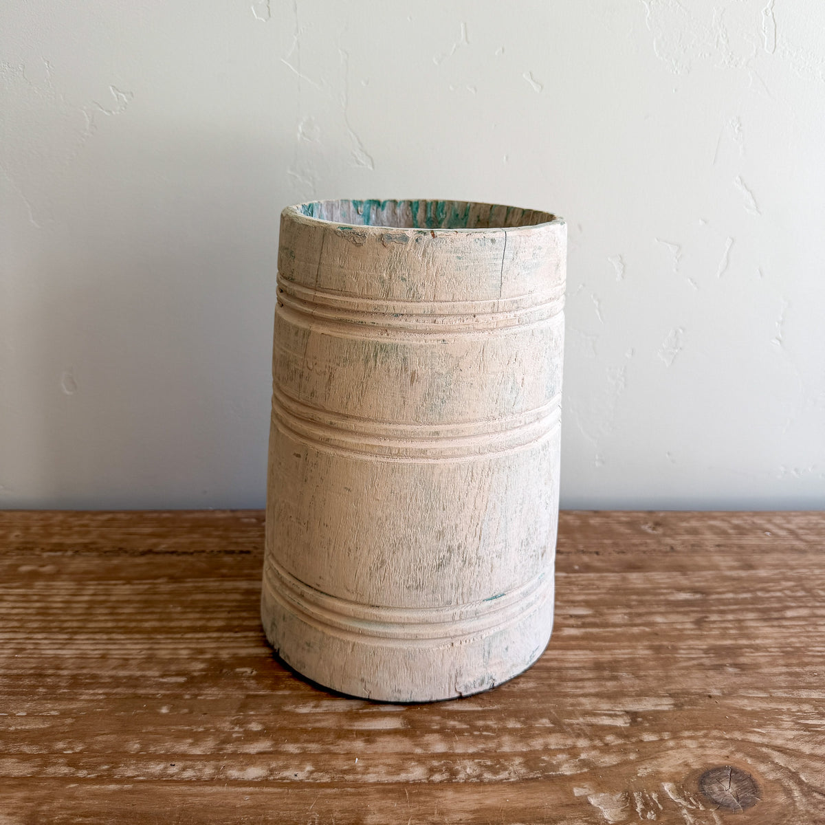 Vintage Bleached Wooden Pot | Handmade Rustic Decorative Vessel