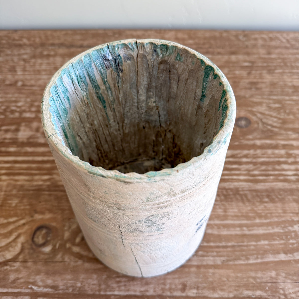 Vintage Bleached Wooden Pot | Handmade Rustic Decorative Vessel