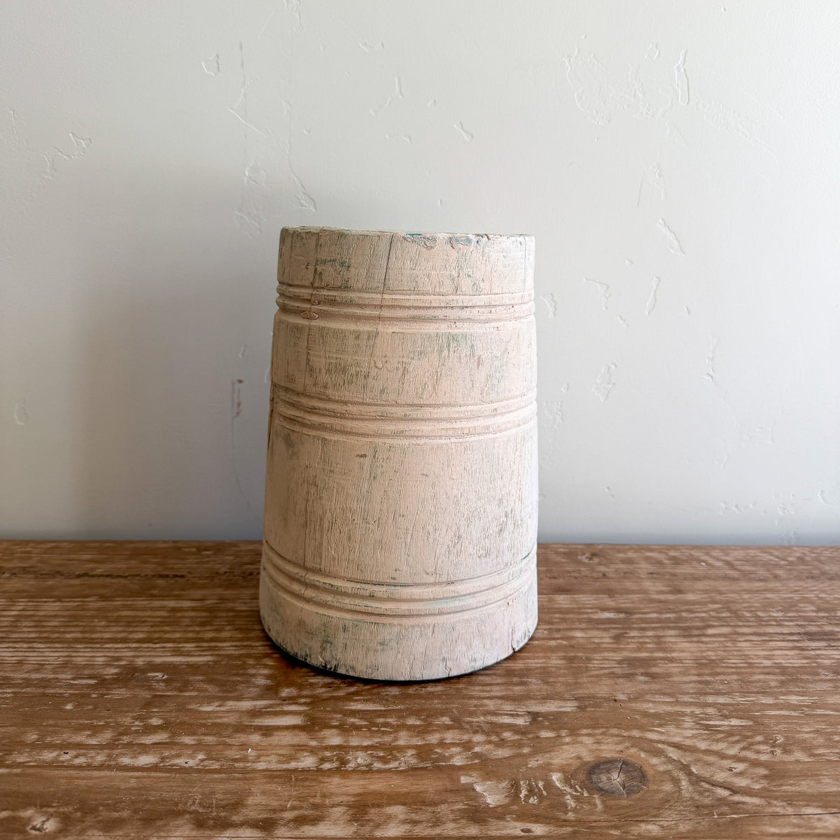 Vintage Bleached Wooden Pot | Handmade Rustic Decorative Vessel