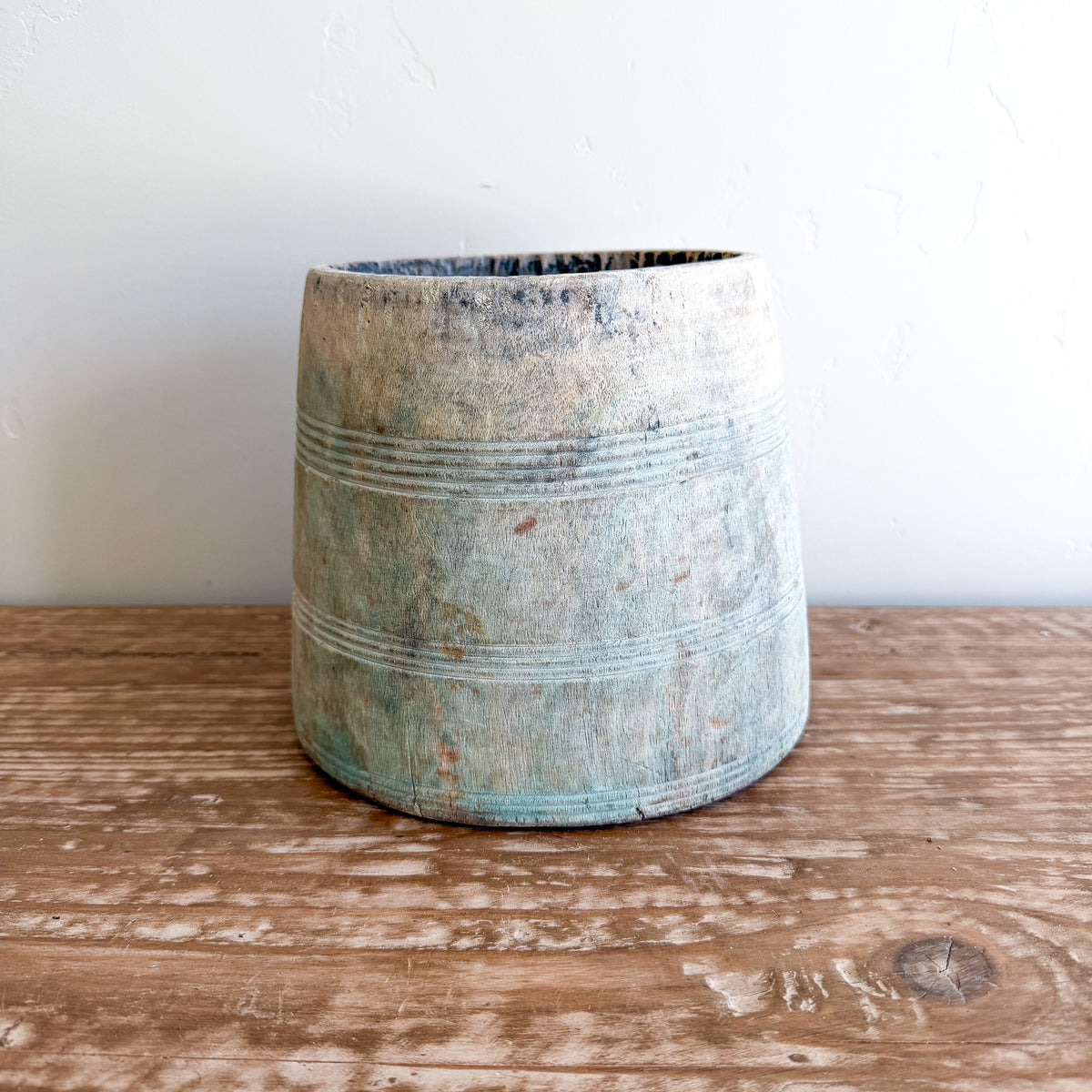 Vintage Bleached Wooden Pot | Handmade Rustic Decorative Vessel