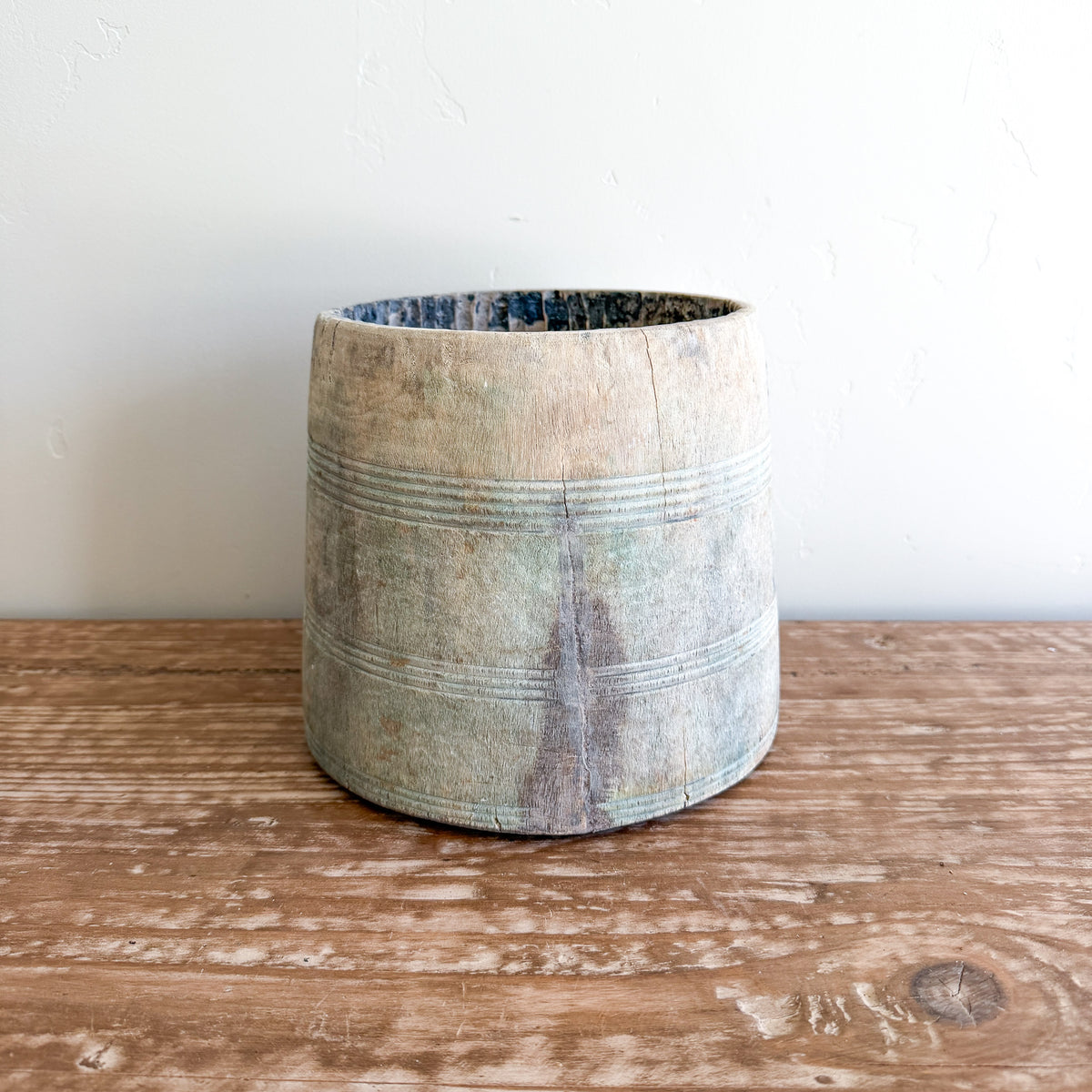 Vintage Bleached Wooden Pot | Handmade Rustic Decorative Vessel