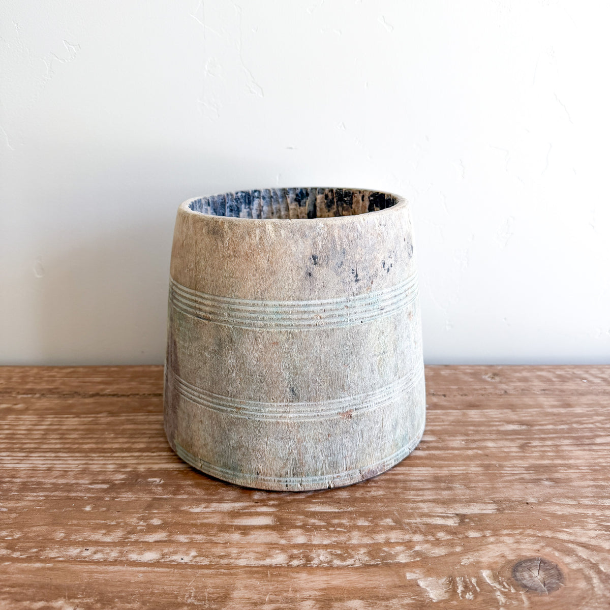 Vintage Bleached Wooden Pot | Handmade Rustic Decorative Vessel