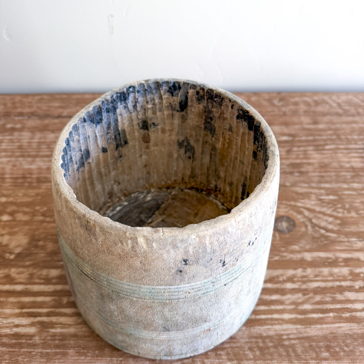 Vintage Bleached Wooden Pot | Handmade Rustic Decorative Vessel