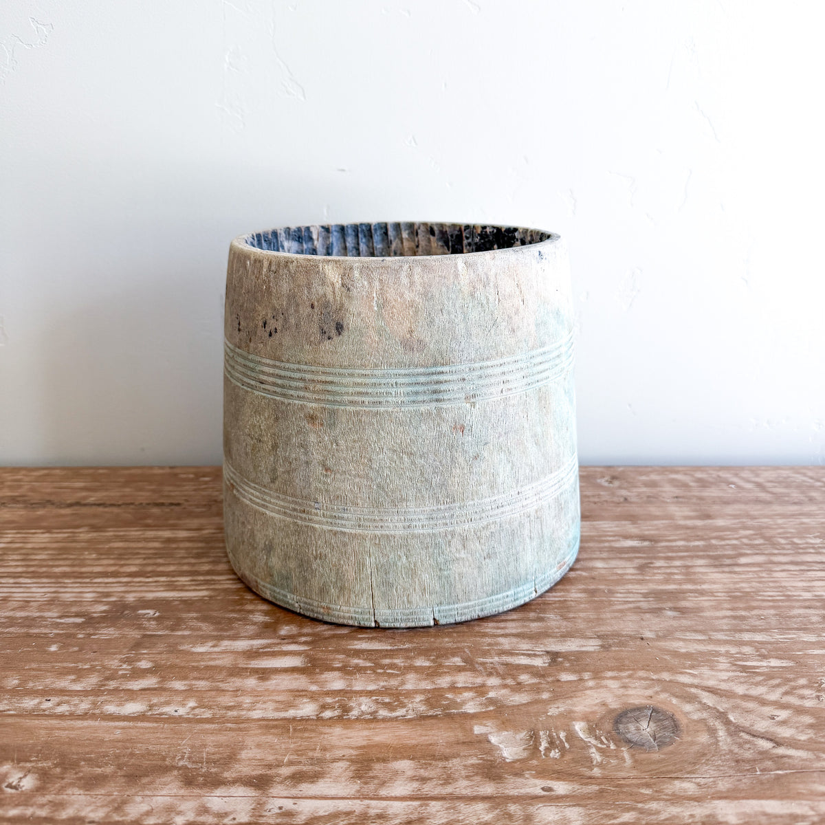 Vintage Bleached Wooden Pot | Handmade Rustic Decorative Vessel