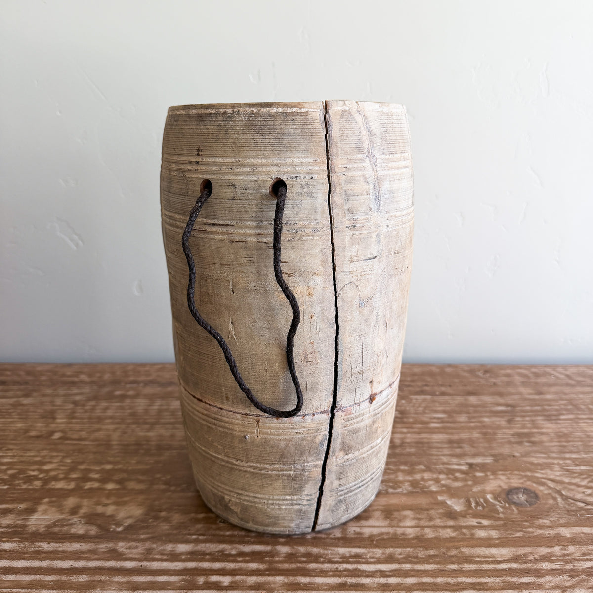 Vintage Wooden Vases with Rope Handles | Handmade Rustic Decorative Vessels