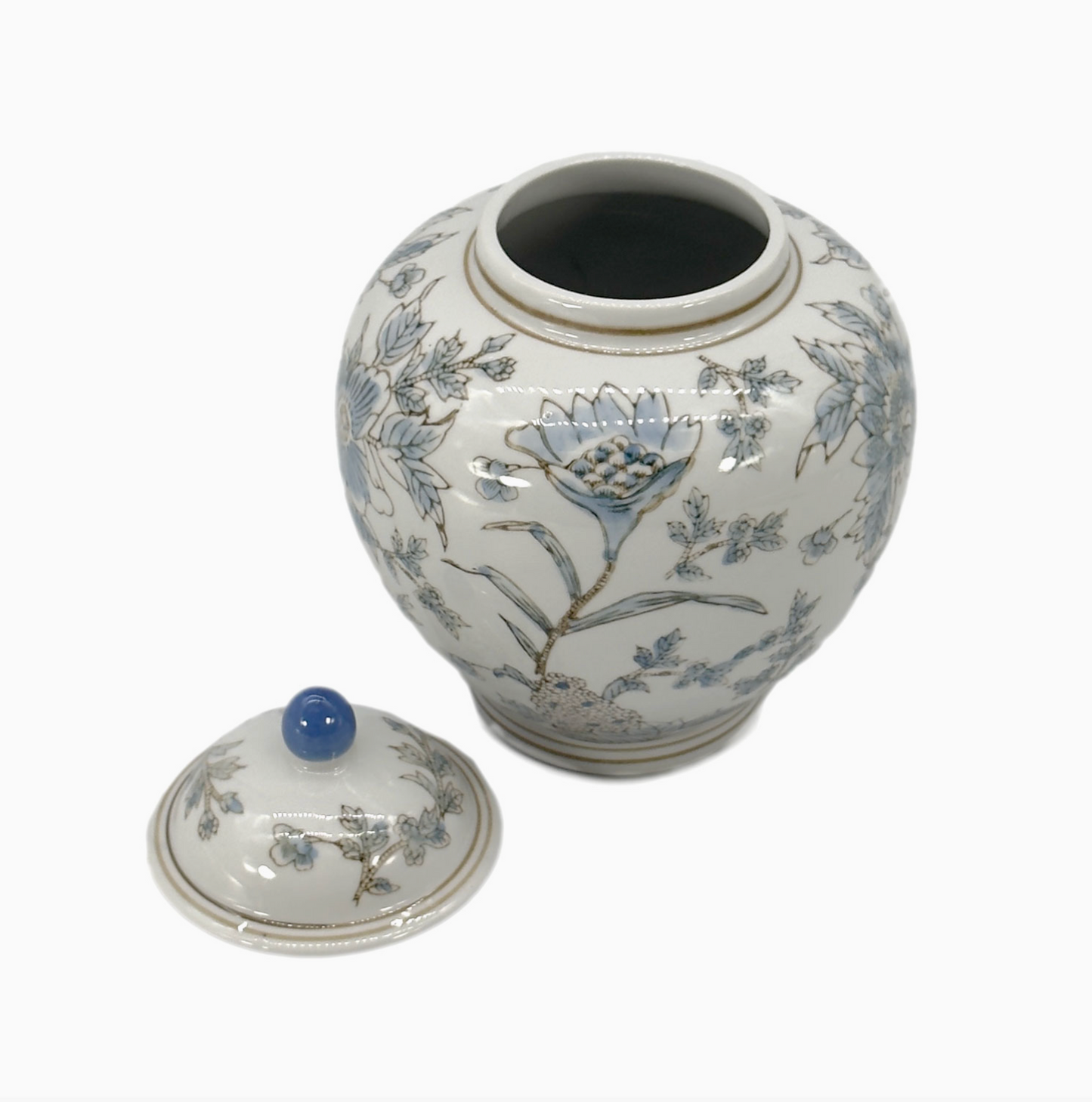 White & Blue Ceramic Chinoiserie Floral Jar 10"