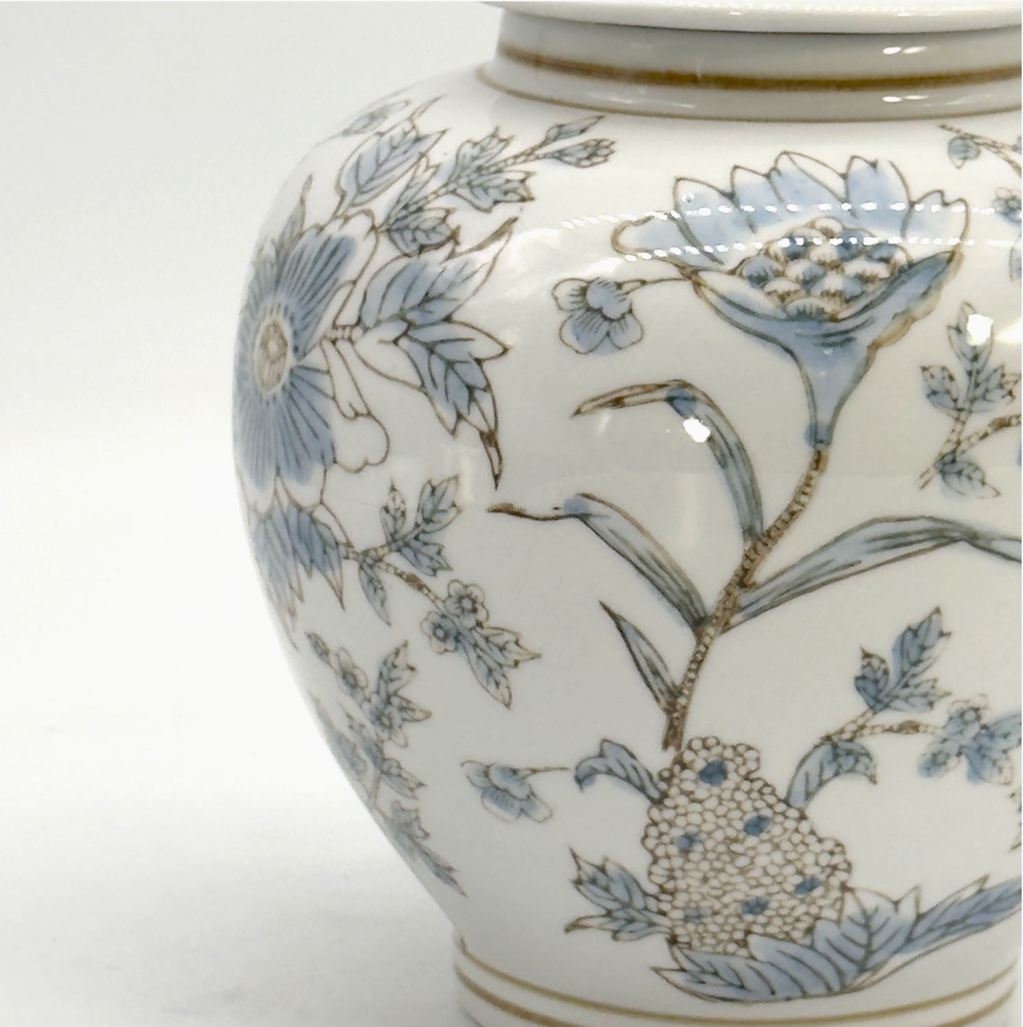 White & Blue Ceramic Chinoiserie Floral Jar 10"
