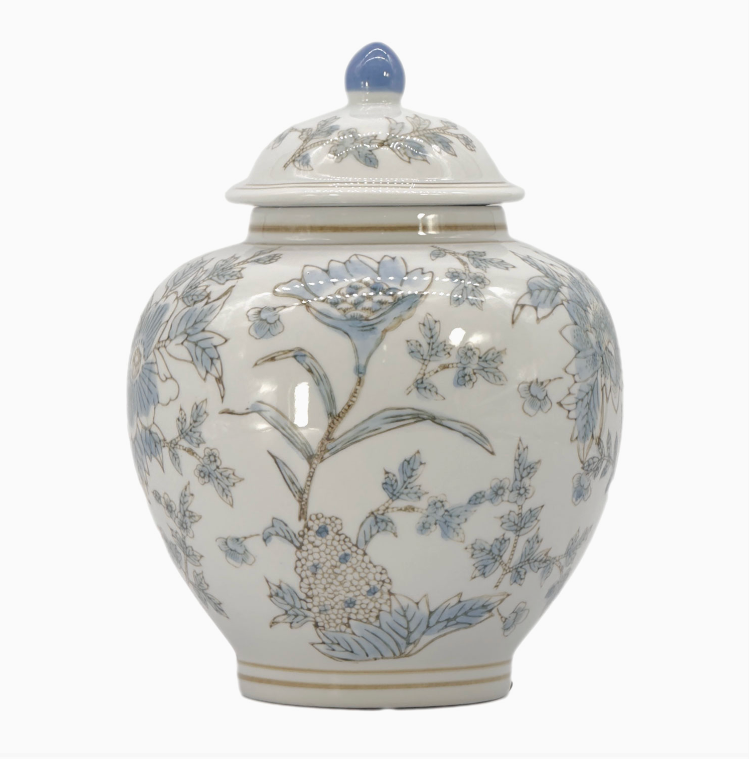 White & Blue Ceramic Chinoiserie Floral Jar 10"