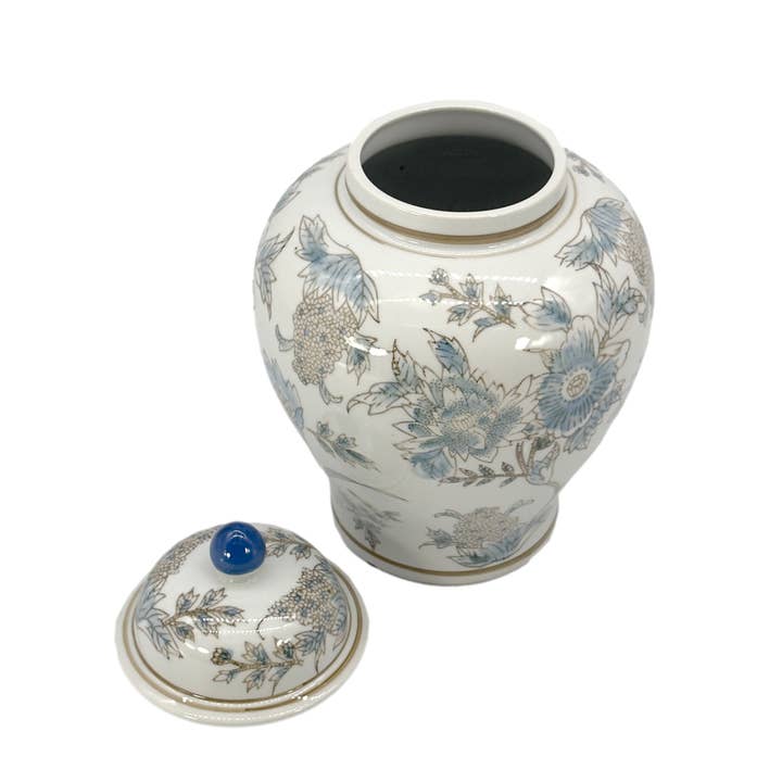 White & Blue Floral Ceramic Chinoiserie Jar 12"