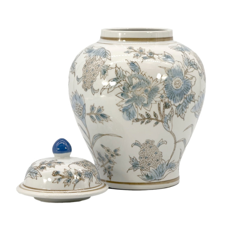 White & Blue Floral Ceramic Chinoiserie Jar 12"