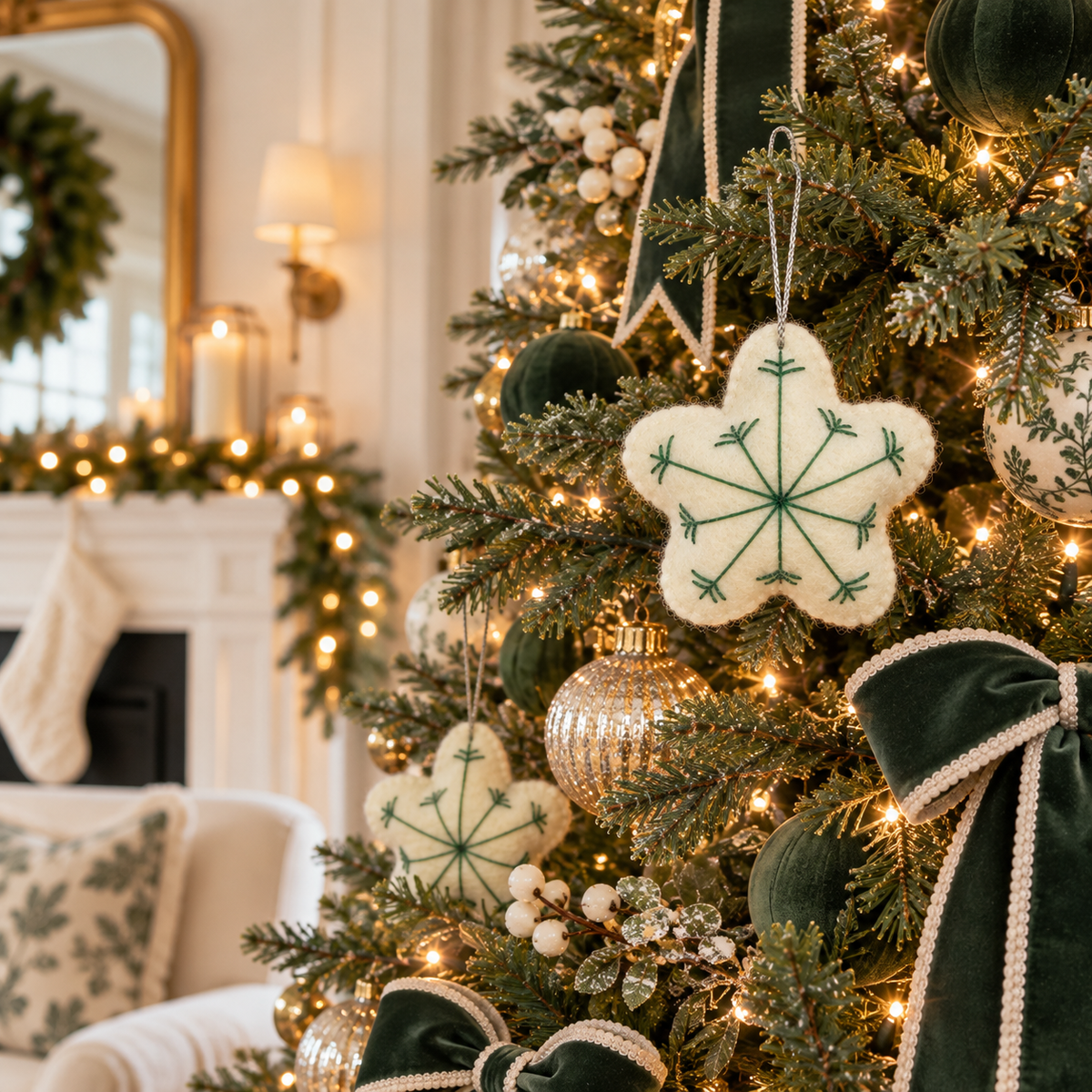 White Snowflake Hanging Ornament - Green Stitched Details