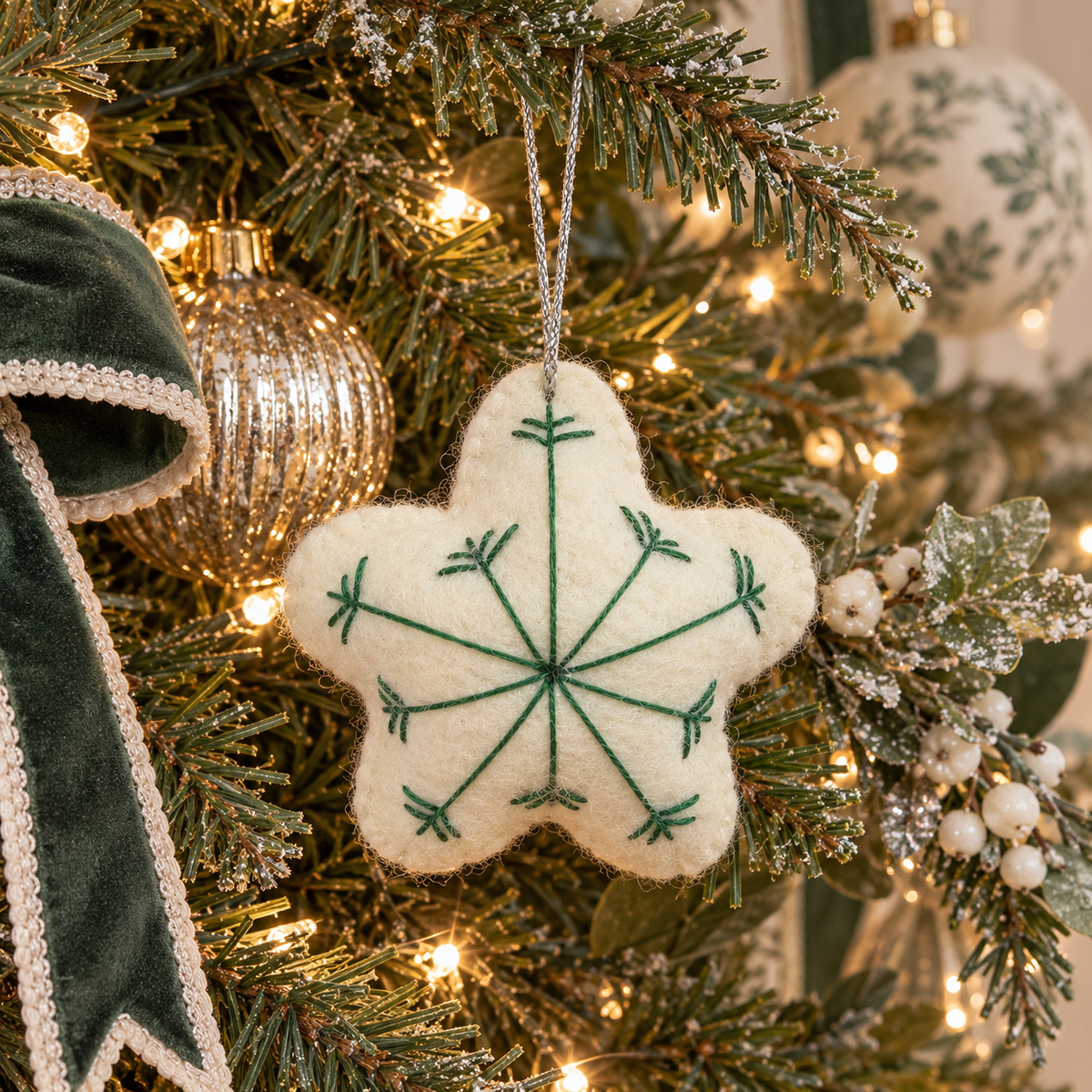 White Snowflake Hanging Ornament - Green Stitched Details