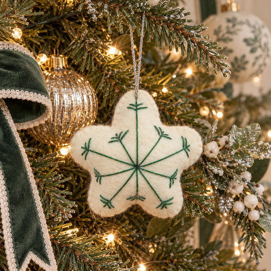 White Snowflake Hanging Ornament - Green Stitched Details