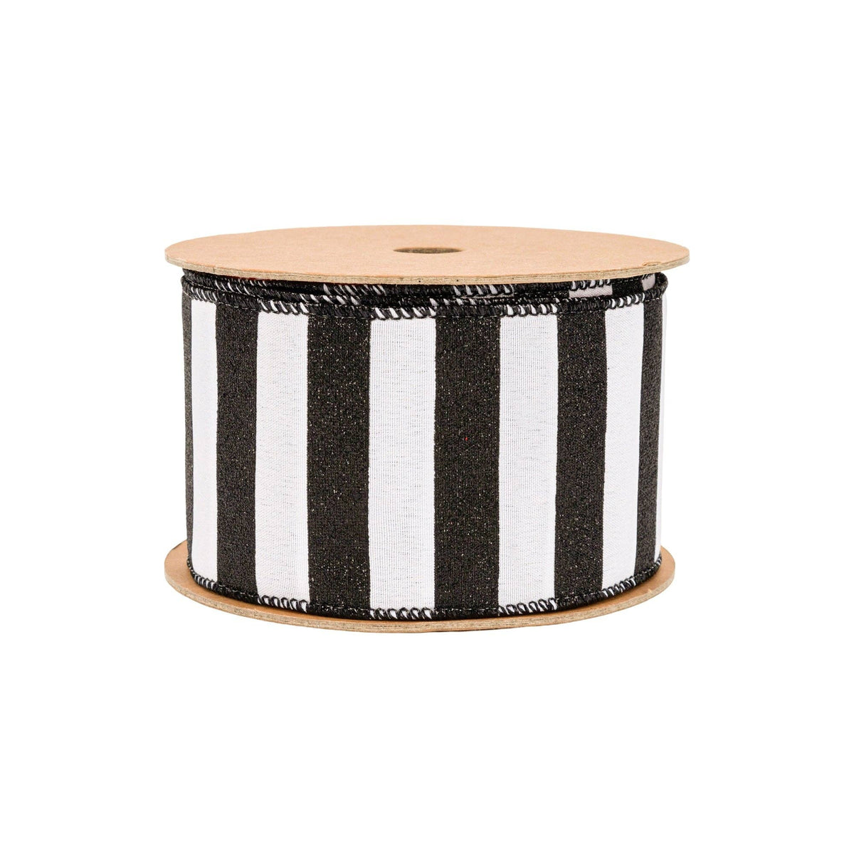 2.5" White Wired Ribbon with Black Glitter Stripes | 10 Yard Spool