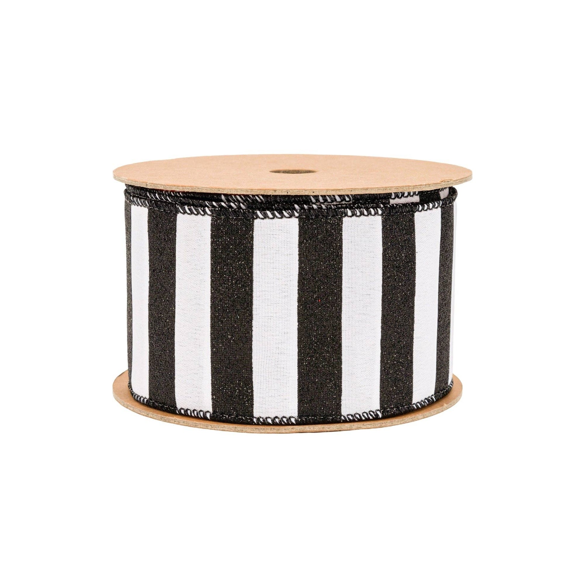 2.5" White Wired Ribbon with Black Glitter Stripes | 10 Yard Spool