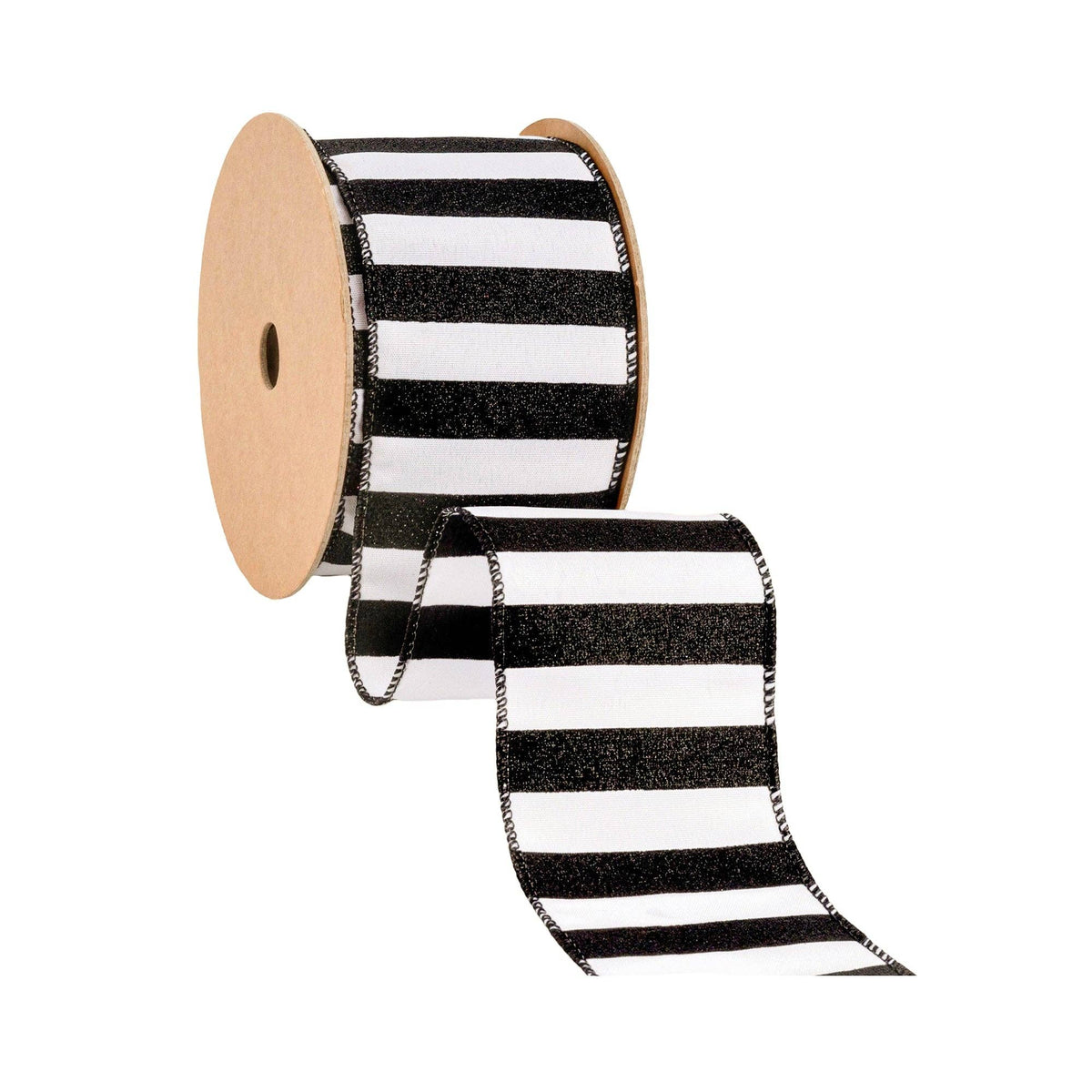 2.5" White Wired Ribbon with Black Glitter Stripes | 10 Yard Spool