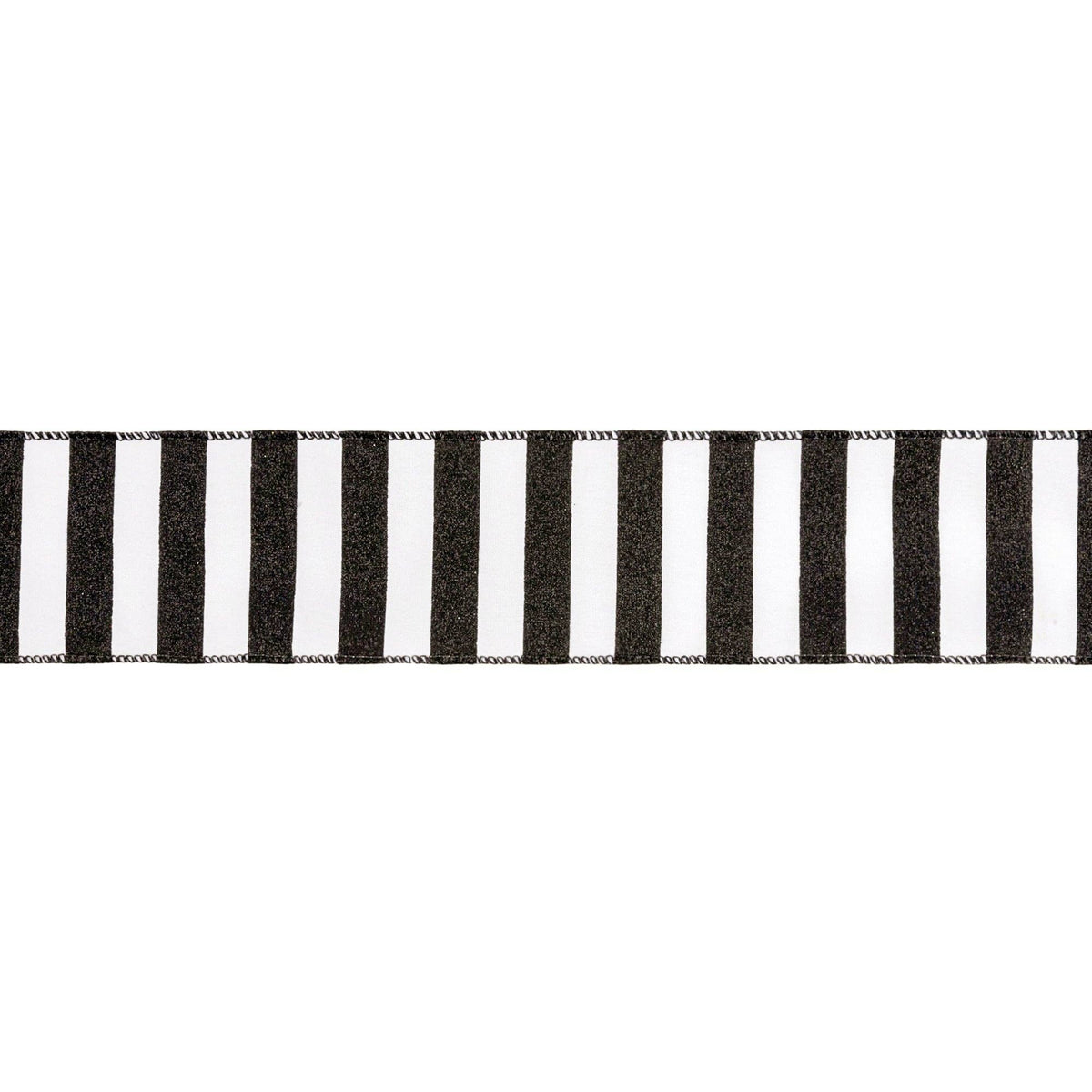 2.5" White Wired Ribbon with Black Glitter Stripes | 10 Yard Spool