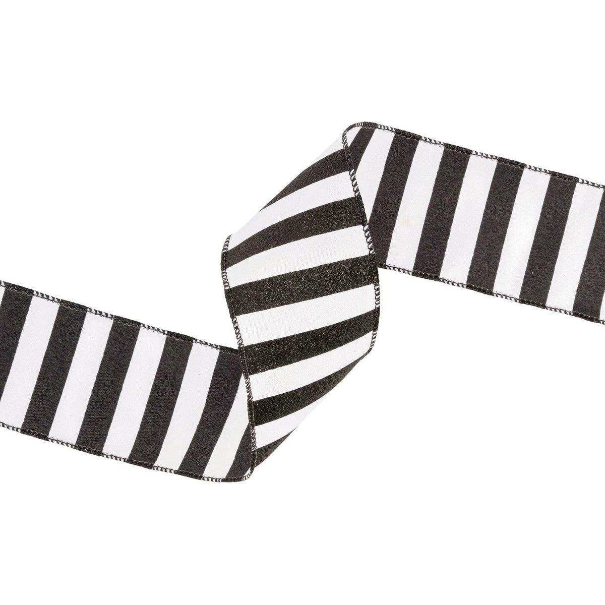 2.5" White Wired Ribbon with Black Glitter Stripes | 10 Yard Spool