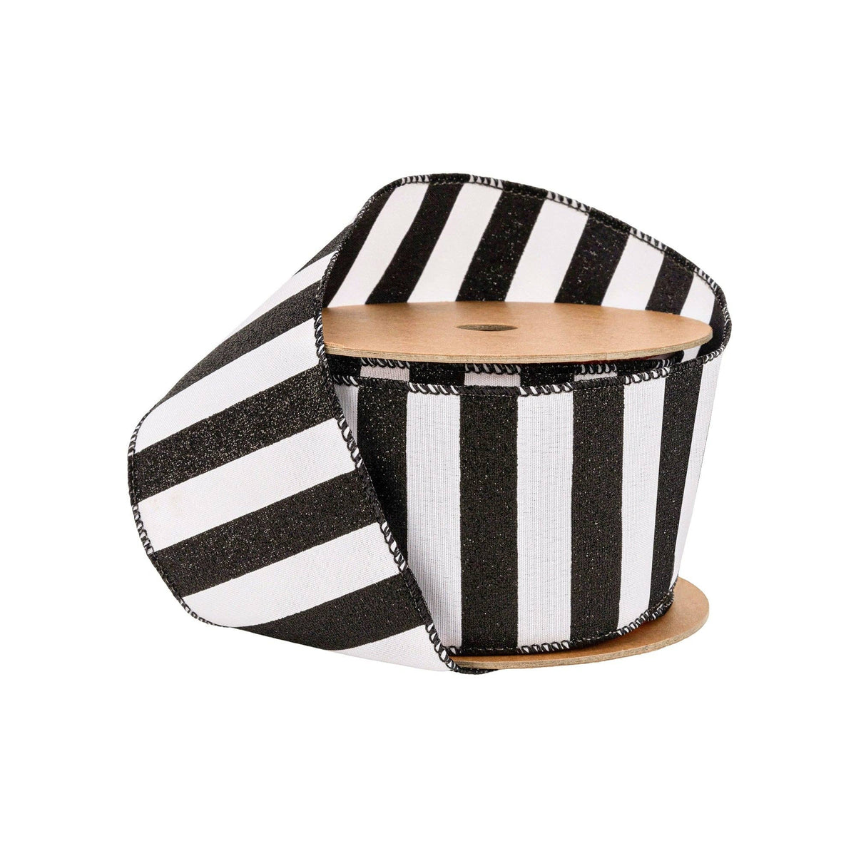 2.5" White Wired Ribbon with Black Glitter Stripes | 10 Yard Spool