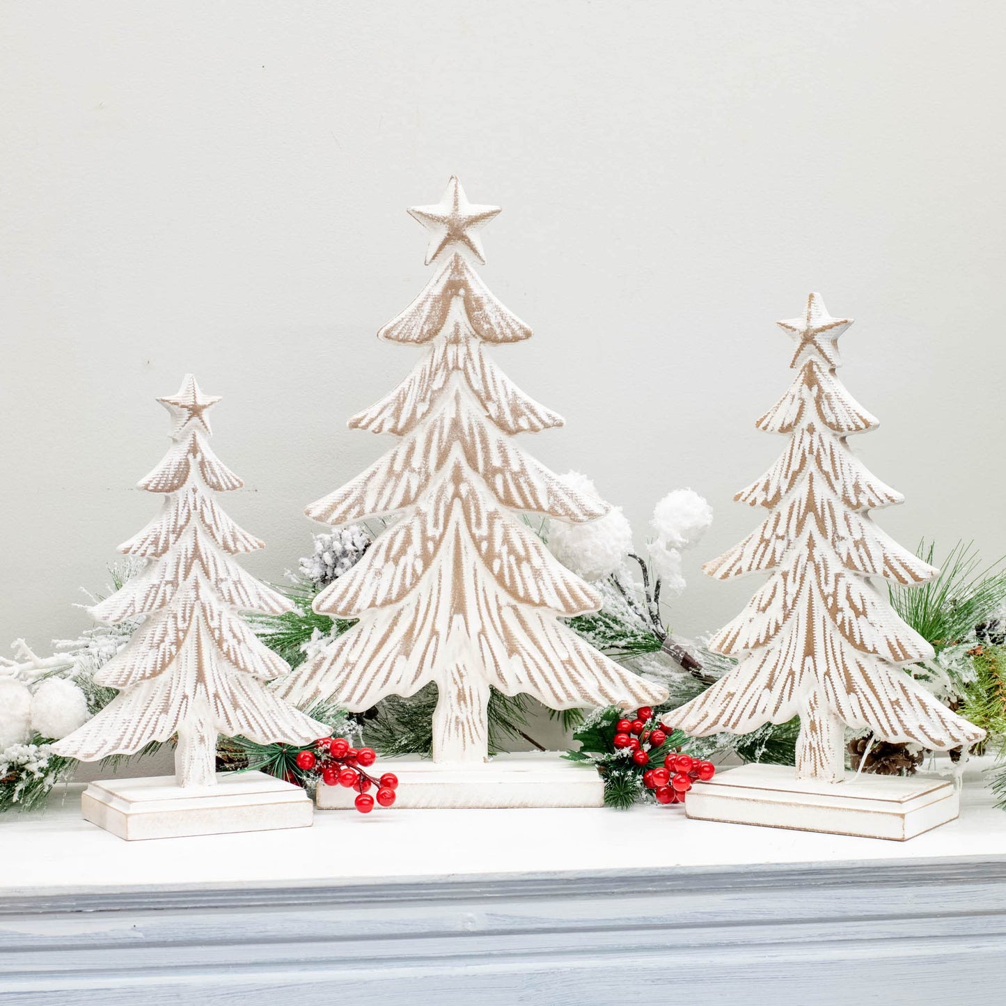 White Wooden Christmas Tree Set of 3 – Holiday Decor (12.5"–17.5")