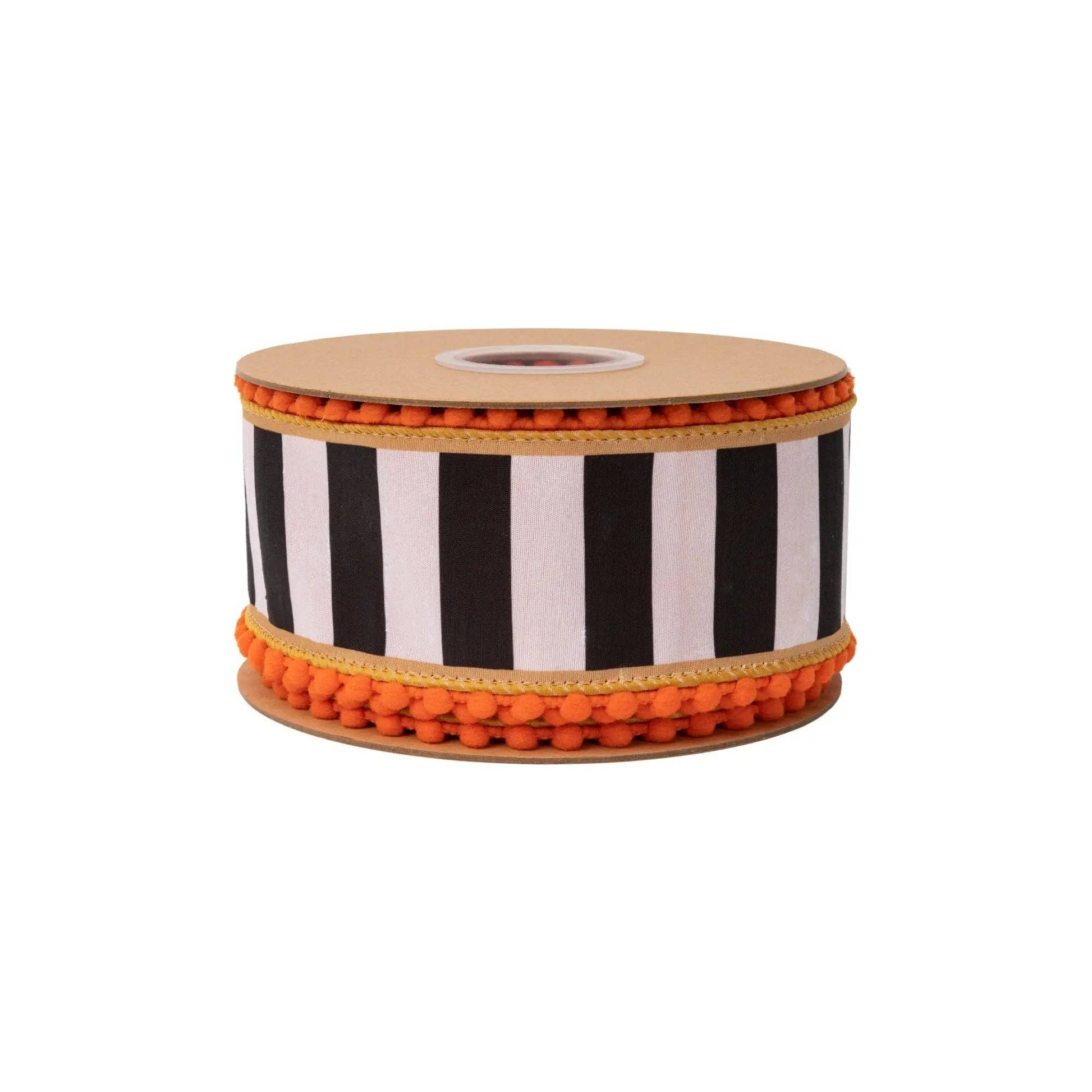 Wired Dupioni Ribbon - Black & White Stripe with Gold Trim & Orange Pom Pom Edge | 2.5" Width | 10 Yard Roll