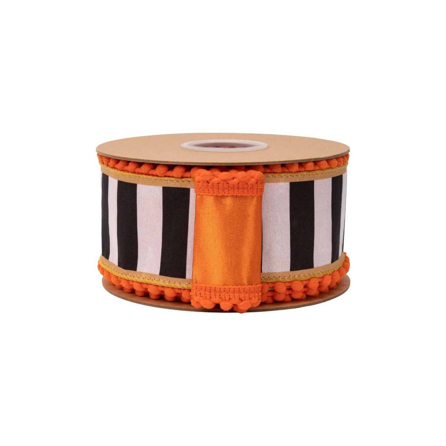 Wired Dupioni Ribbon - Black & White Stripe with Gold Trim & Orange Pom Pom Edge | 2.5" Width | 10 Yard Roll
